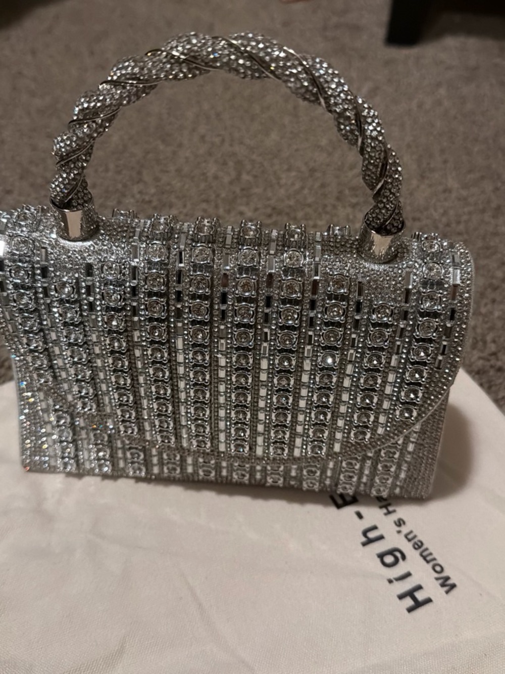 Silver Crystal-Embellished Evening Top-Handle Bag